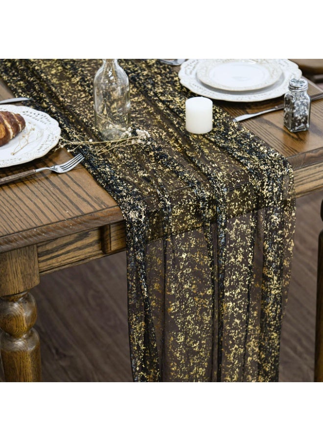 مفرش طاولة من الشاش الاسود والذهبي مقاس 70cm*300cm قدم، مصنوع من رقائق معدنية لامعة شفافة لتناول الطعام وحفلات الزفاف والذكرى السنوية والعطلات واعياد الميلاد وديكور طاولة للمنزل - Image 1